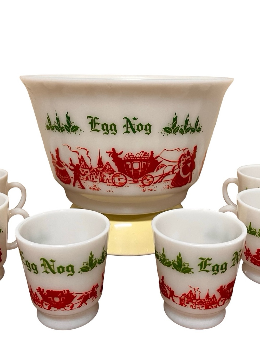 Vtg Egg Nog Milk Glass Punch 1 Bowl 6 Cups Retro Christmas Holiday Thanksgiving